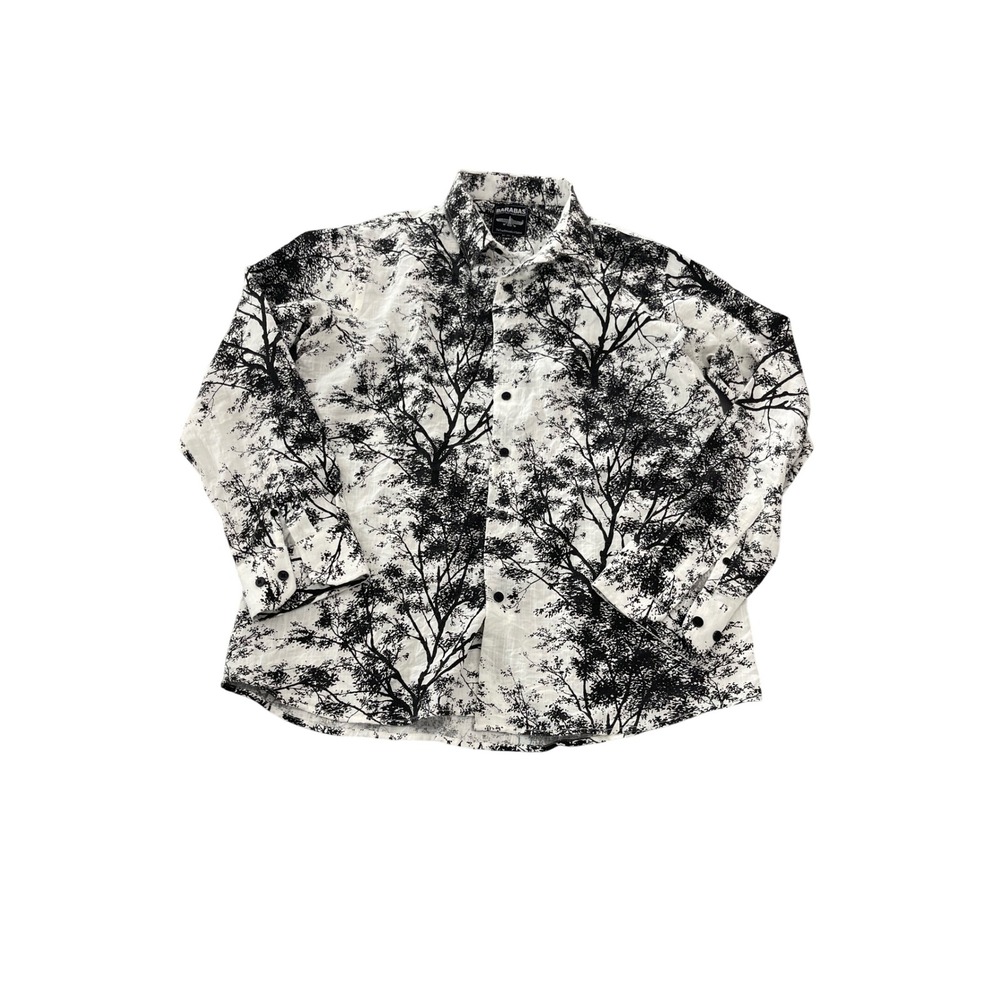 Barabas Mens XL White Black Tree Branch Graphic Print Linen Blend Button Up I07
